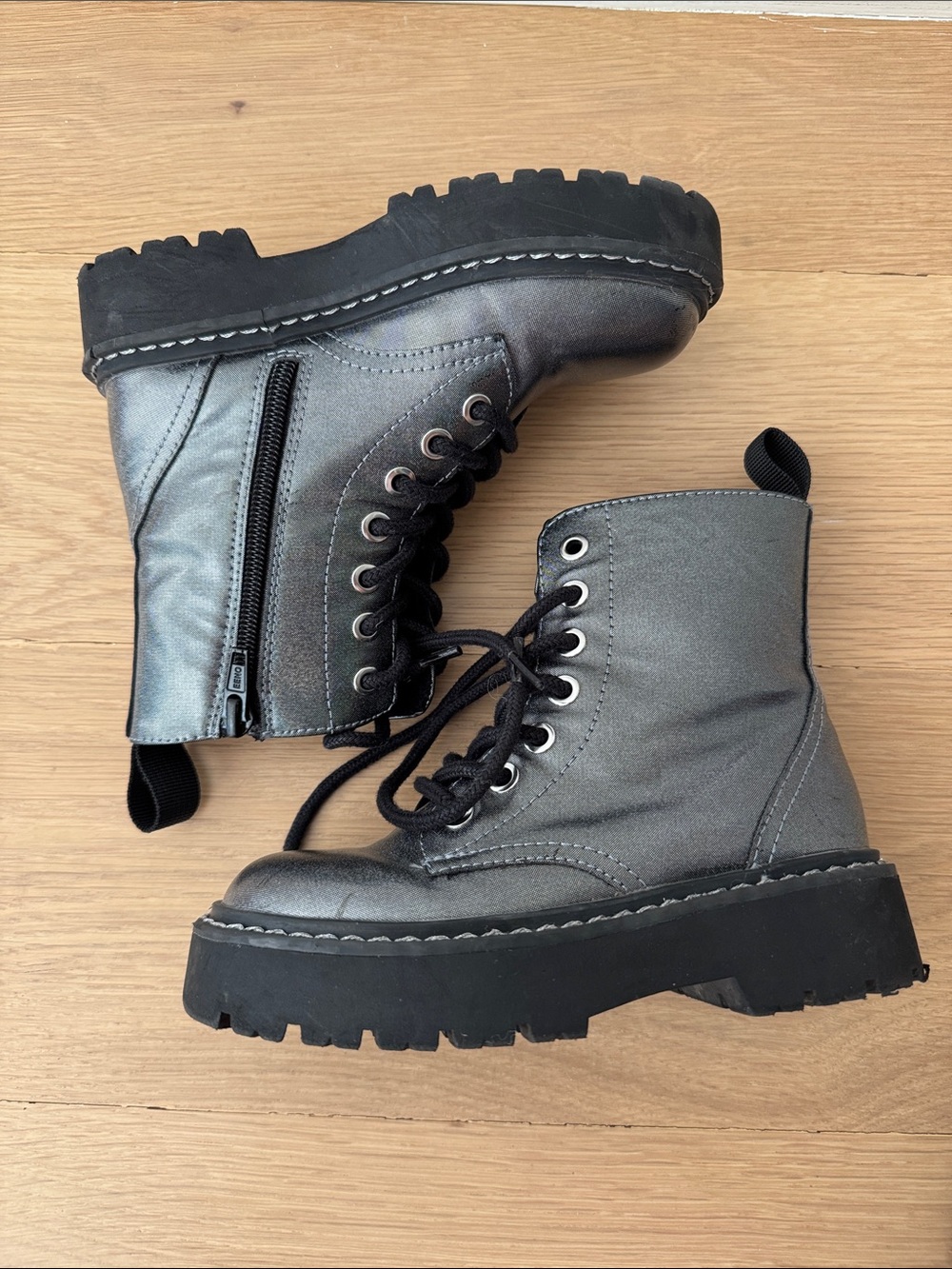 H&M Metallic Gray Kids Combat Boots with Side Zipper